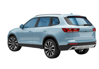 Obraz premium Isolated light blue SUV, back three quarter view of clean design automobile with tinted windows