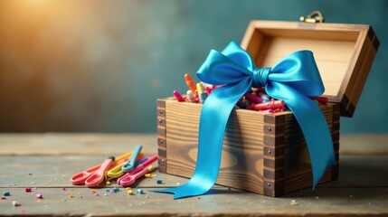 Obraz premium A Wooden Chest Overflowing with Colorful Crayons, Adorned with a Vibrant Blue Ribbon Bow, Resting on a Rustic Wooden Surface