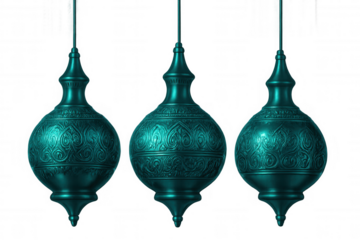 Teal metallic arabic lanterns suspended, featuring delicate carved patterns, casting ornate shadows on clean backdrop