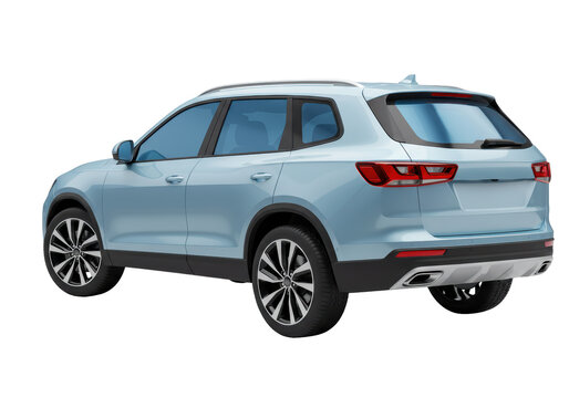 Isolated light blue SUV, back three quarter view of clean design automobile with tinted windows