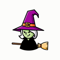 Cartoon Witch Flying on Broomstick Halloween Character Illustration