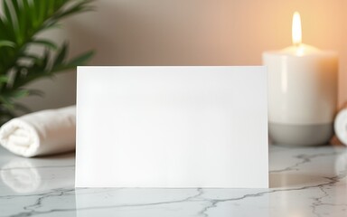 Blank white voucher card in calming spa setting, relaxation concept. High quality