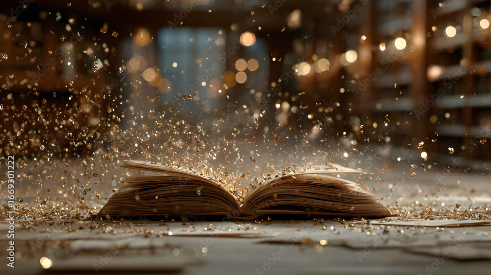 Poster an open book in a library, with pages transforming ito flying paper particles,creating a magical atm