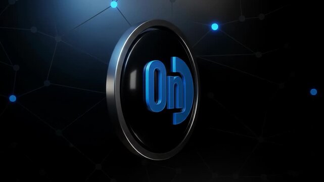 A 3D rendered circular emblem with "On" in bold, bright blue, set against a dark background featuring a subtle network of interconnected nodes.  The emblem has a metallic silver border