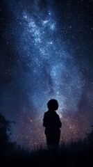 Obraz premium A young child gazes upwards at a stunning night sky, filled with vibrant constellations and a myriad of stars.