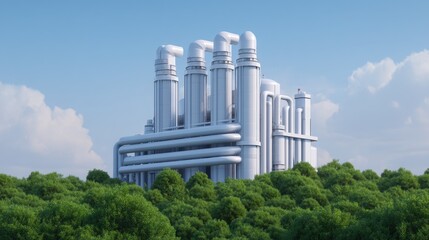 Futuristic Industrial Carbon Capture Facility Surrounded by Lush Greenery and Clear Sky