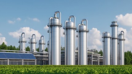 Fototapeta premium High-Tech Carbon Capture Plant Surrounded by Lush Green Landscape and Blue Sky