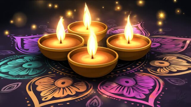 Diwali candles flicker on a colorful mandala creating a festive and spiritual atmosphere. Use for celebrations, cultural events and spiritual projects.