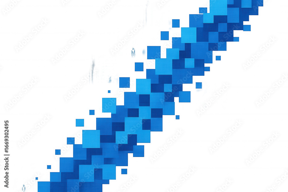Poster blue squares streaming diagonally across transparent surface, forming dynamic geometric pattern repr