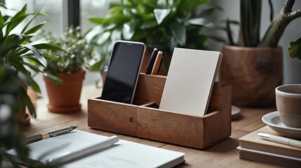 A stylish wooden desk organizer neatly holds a phone, pens and a notepad