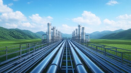 Fototapeta premium Sleek Futuristic Carbon Capture Plant Surrounded by Lush Green Landscape and Blue Sky