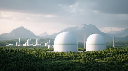 State of the Art Carbon Capture Facility Surrounded by Lush Greenery and Mountains