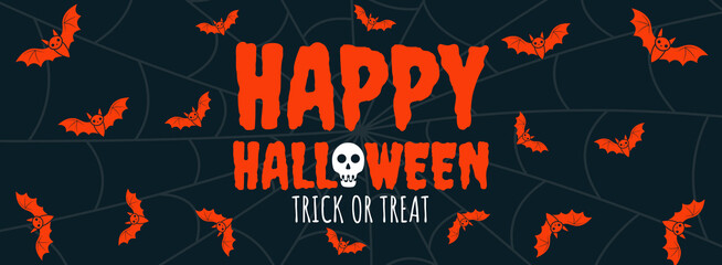 Dark Halloween banner with spiderweb background, red bats, and bold creepy typography. Ideal for social media headers, invitations, or spooky event promotions.