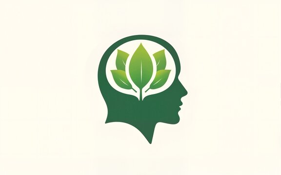 Simple mental health logo template. Head and nature leaf logo design vector illustration. High quality