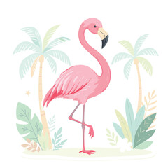Obraz premium Pastel Illustration Flamingo with Tropical Palm Trees Nature Background Graphic