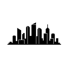 Fototapeta premium Simple black vector silhouette of a modern city skyline. Urban cityscape with skyscrapers icon isolated on a white background