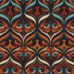 Seamless ornamental damask pattern with intricate floral swirls in a vintage color palette. Abstract vector background for textile and wallpaper