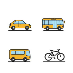 A colorful collection of transport icons representing urban mobility. This vector set includes a car, bus, shuttle, and bicycle, perfect for design projects and infographics