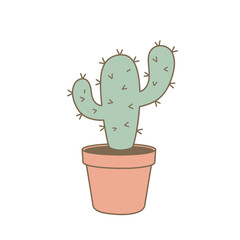 Cute cartoon cactus in a pot illustration. Hand-drawn succulent plant in a minimalist style isolated on white. Vector graphic element for design