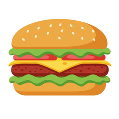 A colorful flat design vector illustration of a classic American cheeseburger with lettuce, tomato, and a sesame seed bun, isolated on a white background