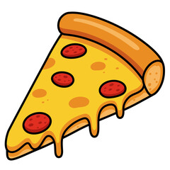 A delicious cartoon illustration of a single slice of pepperoni pizza with gooey melted cheese dripping down the sides and a thick crust, isolated on a white background