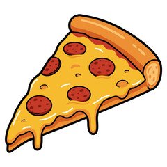 Cartoon style pepperoni pizza slice with dripping cheese. Isolated graphic vector element for takeaway menus, food blogs, or sticker designs