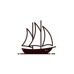 Minimalist black line icon of a traditional sailing ship with multiple sails. Vector graphic illustration of a nautical vessel for maritime logos or travel emblems