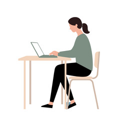 Vector illustration of a young woman sitting at a desk and using a laptop computer. Flat modern character design for business or education