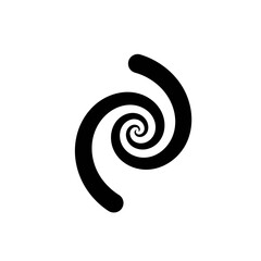 Minimalist black spiral graphic with two arms creating a hypnotic swirl effect. Abstract geometric vector illustration representing infinity and rotation
