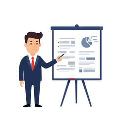 Businessman in a suit pointing at a presentation board with data charts and graphs. Vector illustration of a professional giving a report