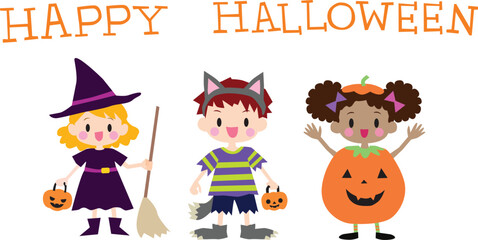 Illustration of cute kids with Halloween costumes and Happy Halloween text.  Vector Illustration.