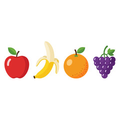 A vibrant vector illustration set of classic healthy fruits, including a red apple, a peeled banana, an orange, and a bunch of purple grapes
