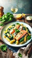 Creamy Salmon Pasta Dish, Rustic Table Setting