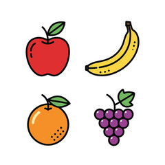 A vibrant collection of freshly outlined fruits, including a crisp red apple, sweet yellow banana, juicy orange, and purple grapes, ideal for healthy eating illustrations