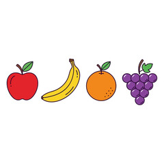Colorful vector icon set of fresh fruits including apple, banana, orange, and grapes. Simple flat line design isolated on a white background