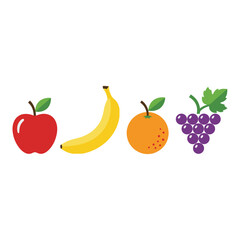 A colorful collection of fresh fruit vector icons, including an apple, banana, orange, and grapes, isolated on a white background for healthy diet designs