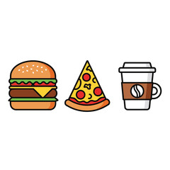 A collection of popular fast food and beverage icons hamburger, pizza slice, and coffee cup. Perfect for menus and casual dining themes