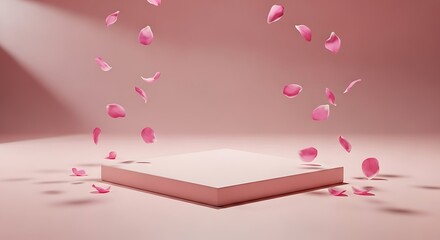 Pink Petals Falling Around a Minimalist Platform, Soft Lighting and Shadows
