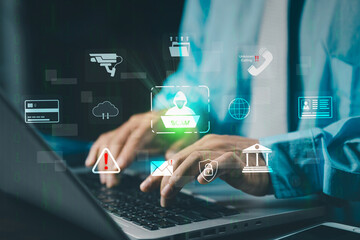 Hacker, Scam alert warning with cybersecurity icons. Businessman being deceived the internet to...