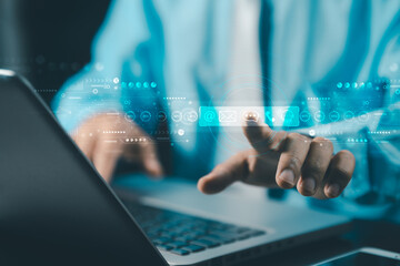 Contact us or the customer support hotline to connect. Businessman touching on virtual screen contact icons. Connecting line, email, AI chat, internet.