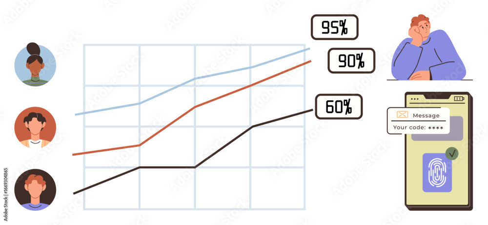 Aufkleber line graph tracks user performance side icons show participants and biometric phone verification. id