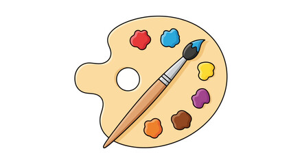 Cartoon Illustration of an Artist's Palette with Colorful Paints and Brush for Art Education and Creative Design Projects