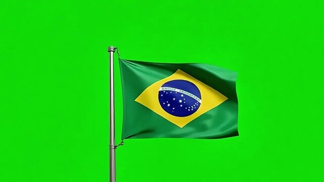 Vibrant Brazil flag waves dynamically on flagpole against a green screen background, perfect for patriot