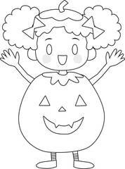 Line drawing of a cute girl with Halloween pumpkin costume.  Vector Illustration.