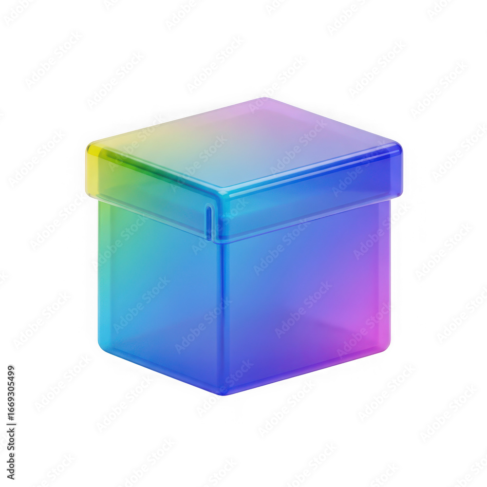 Poster 3d icon of 3d render of a translucent, iridescent cube with a lid, isolated on transparent backgroun