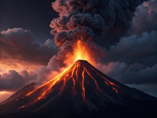 Majestic volcano eruption at amazing night, glowing lava flowing with fiery sparks, surrounded by dramatic clouds and smoke