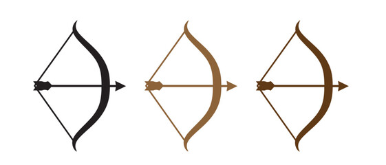 Bow and Arrow Icon Set. Traditional Recurve Designs in Black, Light Brown & Dark Brown for Archery, Hunting & UI Graphics.