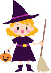 Illustration of a cute girl with Halloween witch costume.  Vector Illustration.