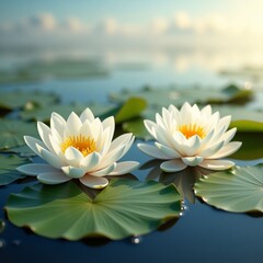 Serene Water Bloom: Two White Lotus Flowers
