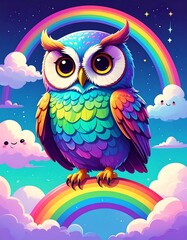 Fototapeta premium A vibrant rainbow owl perched atop a rainbow arc, set against a whimsical night sky with cartoonish clouds